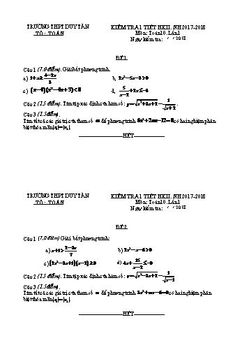 2 Đề kiểm tra 1 tiết lần 1 học kì II môn Đại số Lớp 10 - Năm học 2017-2018 - Trường THPT Duy Tân