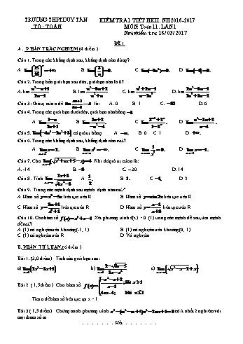 2 Đề kiểm tra 1 tiết lần 1 học kì II môn Đại số Lớp 11 - Năm học 2016-2017 - Trường THPT Duy Tân