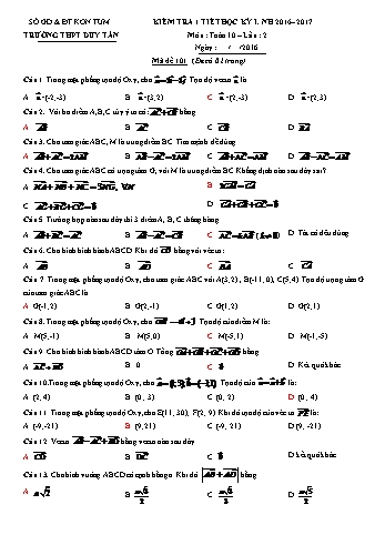 2 Đề kiểm tra 1 tiết lần 2 học kì I môn Hình học Lớp 10 - Năm học 2016-2017 - Trường THPT Duy Tân (Có đáp án)