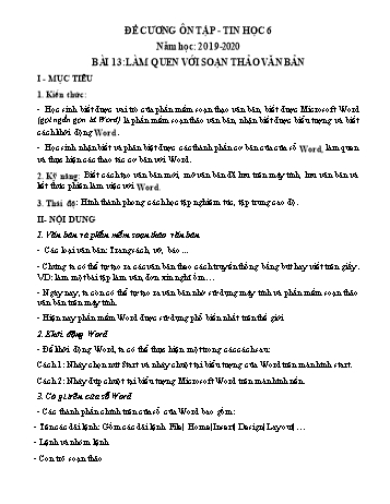 Đề cương ôn tập môn Tin học Lớp 6 - Bài 13: Làm quen với soạn thảo văn bản - Năm học 2019-2020 - Trường THCS Măng Đen