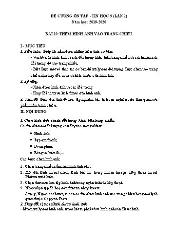Đề cương ôn tập môn Tin học Lớp 9 - Bài 10: Thêm hình ảnh vào trang chiếu - Năm học 2019-2020 - Trường THCS Măng Đen