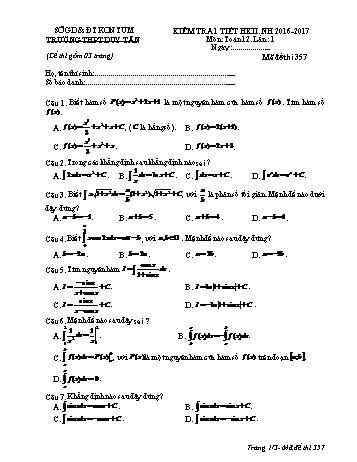 Đề kiểm tra 1 tiết lần 1 học kì II môn Đại số Lớp 12 - Mã đề 357 - Năm học 2016-2017 - Trường THPT Duy Tân