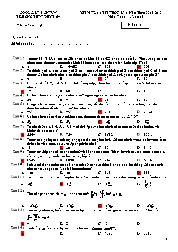 Đề kiểm tra 1 tiết lần 3 học kì I môn Đại số Lớp 11 - Mã đề 1 - Năm học 2018-2019 - Trường THPT Duy Tân (Có đáp án)