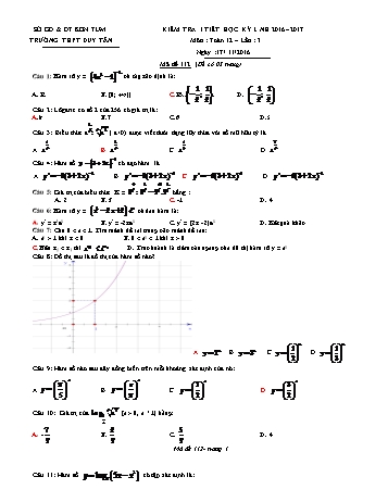 Đề kiểm tra 1 tiết lần 3 học kì I môn Giải tích Lớp 12 - Mã đề 112 - Năm học 2016-2017 - Trường THPT Duy Tân (Kèm đáp án)