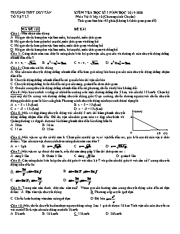 Đề kiểm tra học kì I môn Vật lí Lớp 10 (Chương trình chuẩn) - Mã đề 102 - Năm học 2019-2020 - Trường THPT Duy Tân