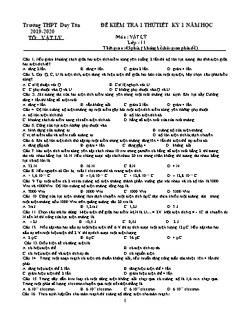 Đề kiểm tra thử 1 tiết học kì I môn Vật lí Lớp 11 - Đề 1 - Năm học 2019-2020 - Trường THPT Duy Tân