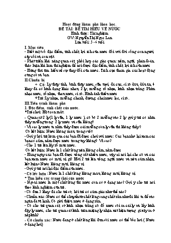 Giáo án Hoạt động khám phá khoa học Lớp Lá - Đề tài: Bé tìm hiểu về nước - Nguyễn Thị Ngọc Lan