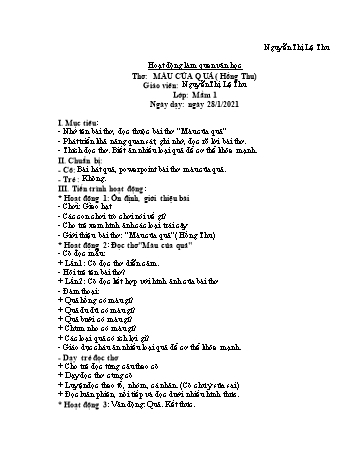 Giáo án Hoạt động làm quen văn học Lớp Mầm - Đề tài: Thơ "Màu của quả" - Năm học 2020-2021 - Nguyễn Thị Lệ Thu