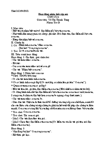 Giáo án Hoạt động nhận biết tập nói Lớp Nhóm trẻ D - Đề tài: Con cua - Năm học 2020-2021 - Võ Thị Thanh Tùng