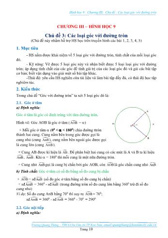 Lý thuyết và bài tập Chương III môn Hình học Lớp 9 - Chủ đề 3: Các loại góc với đường tròn - Trương Quang Thăng