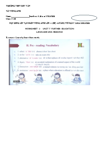 Nội dung ôn tập môn Tiếng Anh Lớp 11 (Hệ 10 năm) - Từ ngày 23/03/2020 đến 28/03/2020 - Trường THPT Duy Tân