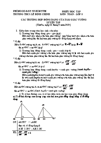 Phiếu học tập môn Toán Lớp 8 - Bài: Các trường hợp đồng dạng của tam giác vuông. Luyện tập - Năm học 2019-2020 - Trường THCS Lê Đình Chinh