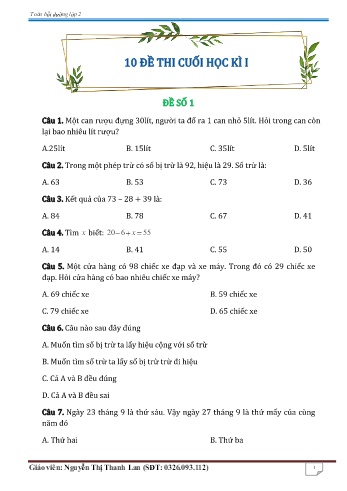 10 Đề thi cuối học kì I môn Toán Lớp 2 - Nguyễn Thị Thanh Lan