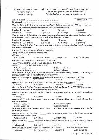 24 Đề thi THPT quốc gia năm 2019 môn Tiếng Anh (Kèm đáp án)