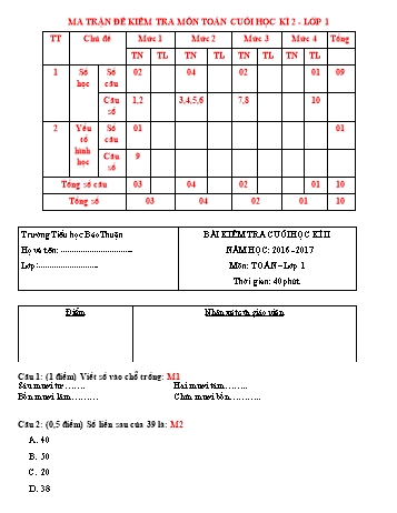 Bài kiểm tra cuối học kì II môn Toán + Tiếng Việt Lớp 1 - Năm học 2016-2017 - Trường tiểu học Bảo Thuận