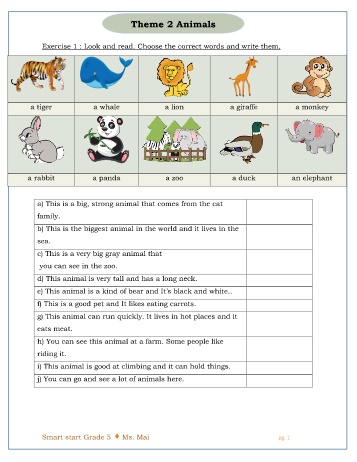Bài tập bổ trợ Tiếng Anh Lớp 5 Smart Start - Theme 2: Animals