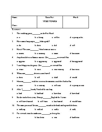 Bài tập trắc nghiệm ôn tập chủ điểm ngữ pháp Tiếng Anh - Chủ điểm 1: Verb tenses Bài tập trắc nghiệm ôn tập chủ điểm ngữ pháp Tiếng Anh - Chủ điểm 1: Verb tenses