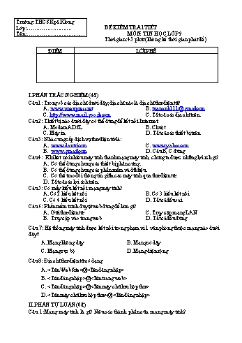 Đề kiểm tra 1 tiết môn Tin học Lớp 9 - Trường THCS Kpă Klơng