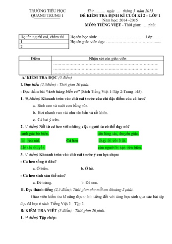 Đề kiểm tra định kì cuối kì 2 môn Tiếng Việt Lớp 1 - Năm học 2014-2015 - Trường tiểu học Quang Trung 1 (Có đáp án)