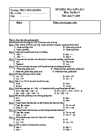 Đề kiểm tra giữa kì I môn Tin học Lớp 8 - Trường THCS Kpă Klơng