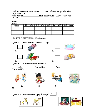 Đề kiểm tra học kì I môn Tiếng Anh Lớp 3 - Năm học 2015-2016 - Phòng GD&ĐT Nghĩa Hành