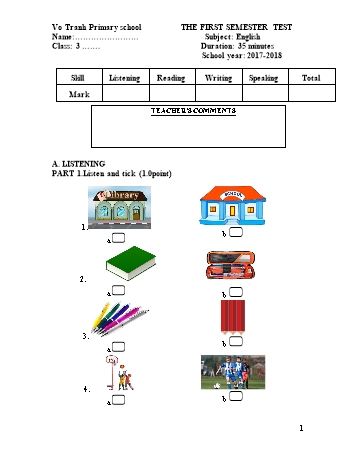 Đề kiểm tra học kỳ I môn Tiếng Anh Lớp 3 - Năm học 2017-2018 - Trường Tiểu học Vô Tranh