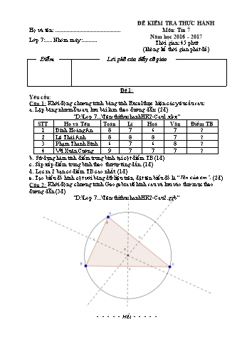 Đề kiểm tra thực hành học kì 2 môn Tin học Lớp 7 - Đề 1+2 - Năm học 2016-2017 (Có đáp án)