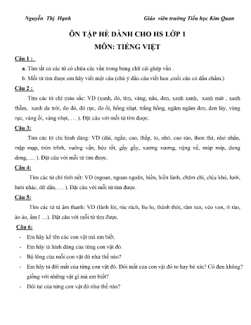 Đề ôn tập hè môn Tiếng Việt Lớp 1 - Nguyễn Thị Hạnh