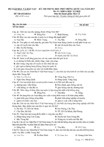 Đề tham khảo môn Địa lí - Kỳ thi THPT quốc gia năm 2017 (Mã đề 003)