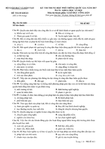 Đề tham khảo môn Giáo dục công dân - Kỳ thi THPT quốc gia năm 2017 (Mã đề 003)
