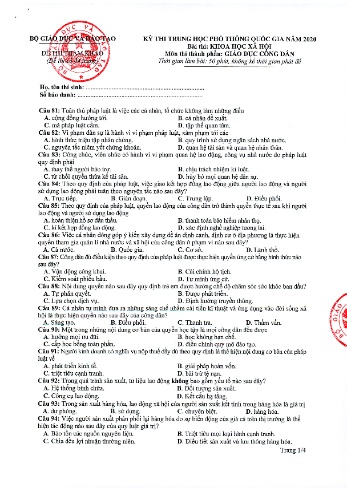 Đề tham khảo môn Giáo dục công dân - Kỳ thi THPT quốc gia năm 2020