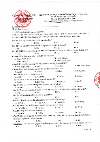 Đề tham khảo môn Hóa học - Kỳ thi THPT quốc gia năm 2020