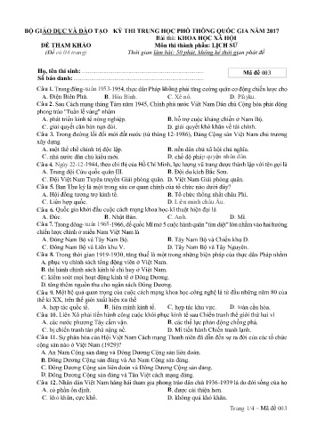 Đề tham khảo môn Lịch sử - Kỳ thi THPT quốc gia năm 2017 (Mã đề 003)