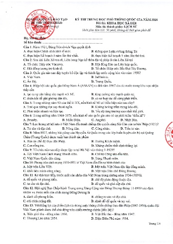 Đề tham khảo môn Lịch sử - Kỳ thi THPT quốc gia năm 2020