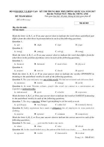 Đề tham khảo môn Tiếng Anh - Kỳ thi THPT quốc gia năm 2017 (Mã đề 003)
