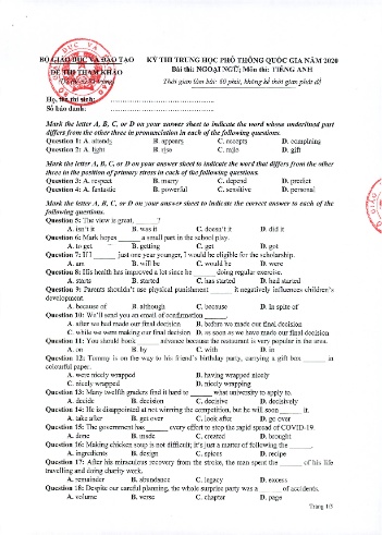 Đề tham khảo môn Tiếng Anh - Kỳ thi THPT quốc gia năm 2020