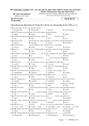 Đề tham khảo môn Tiếng Đức - Kỳ thi THPT quốc gia năm 2019 (Mã đề 001)