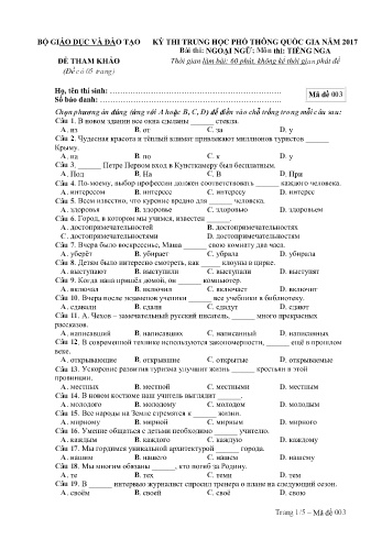Đề tham khảo môn Tiếng Nga - Kỳ thi THPT quốc gia năm 2017 (Mã đề 003)
