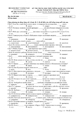 Đề tham khảo môn Tiếng Nga - Kỳ thi THPT quốc gia năm 2019 (Mã đề 001)