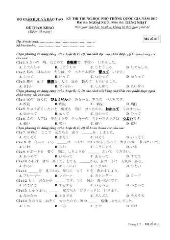 Đề tham khảo môn Tiếng Nhật - Kỳ thi THPT quốc gia năm 2017 (Mã đề 003)