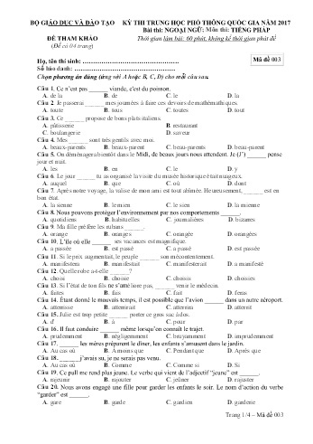 Đề tham khảo môn Tiếng Pháp - Kỳ thi THPT quốc gia năm 2017 (Mã đề 003)