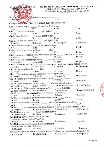 Đề tham khảo môn Tiếng Pháp - Kỳ thi THPT quốc gia năm 2020