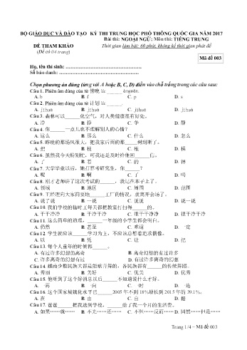 Đề tham khảo môn Tiếng Trung quốc - Kỳ thi THPT quốc gia năm 2017 (Mã đề 003)