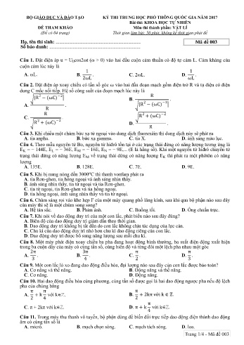 Đề tham khảo môn Vật lí - Kỳ thi THPT quốc gia năm 2017 (Mã đề 003)