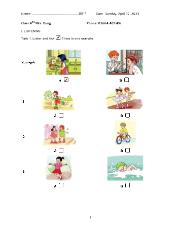 Đề thi học kì 1 môn Tiếng Anh Lớp 4 - Đề 1 (Có đáp án và file nghe kèm theo)