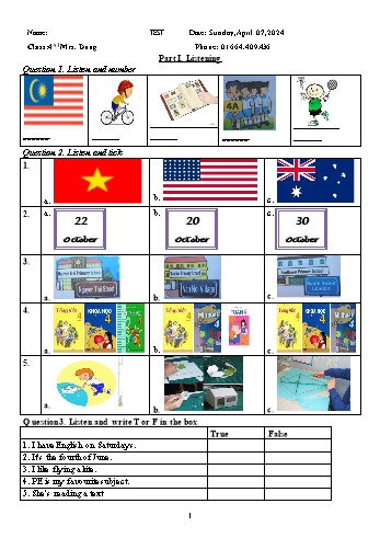 Đề thi học kì 1 môn Tiếng Anh Lớp 4 - Đề 4 (Có đáp án và file nghe kèm theo) Đề thi học kì 1 môn Tiếng Anh Lớp 4 - Đề 4 (Có đáp án và file nghe kèm theo)