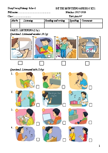 Đề thi học kì 1 môn Tiếng Anh Lớp 5 - Năm học 2017-2018 - Trường Tiểu học Đặng Cương (Có đáp án)