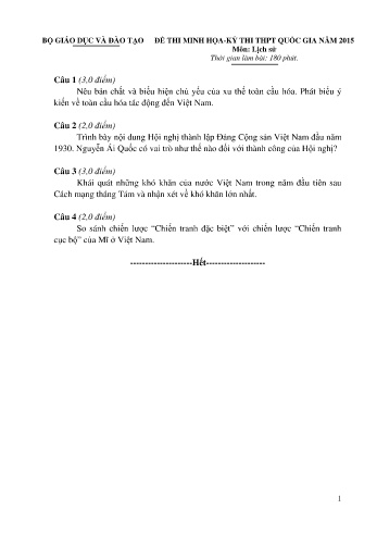 Đề thi minh họa THPT quốc gia năm 2015 môn Lịch sử (Có đáp án)