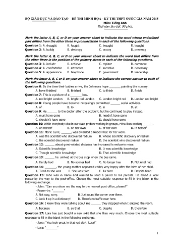 Đề thi minh họa THPT quốc gia năm 2015 môn Tiếng Anh (Có đáp án)