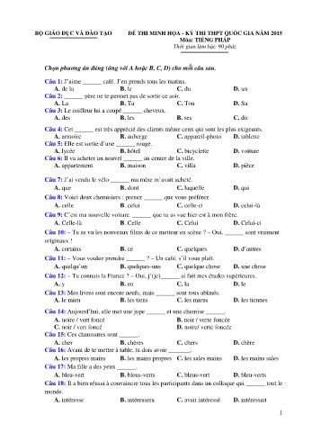 Đề thi minh họa THPT quốc gia năm 2015 môn Tiếng Pháp (Có đáp án)